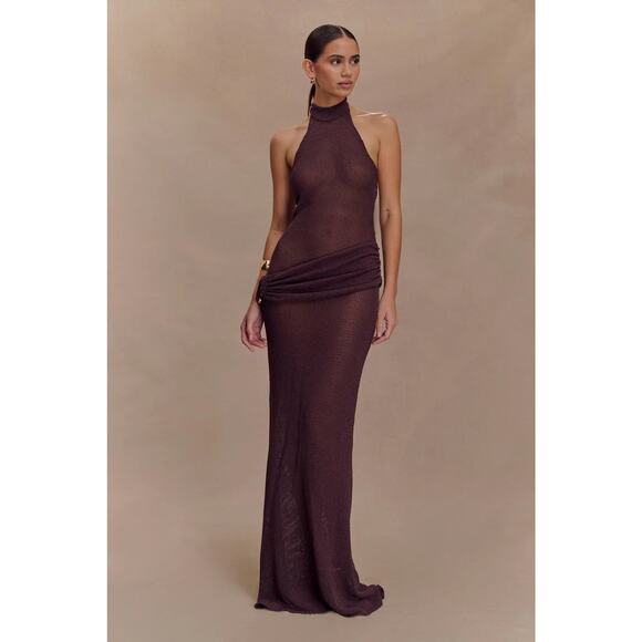Meshki Dresses & Skirts - Meshki Reece Halter Neck Open Back Sheer Knit Maxi Dress Chocolate Woemn's Small